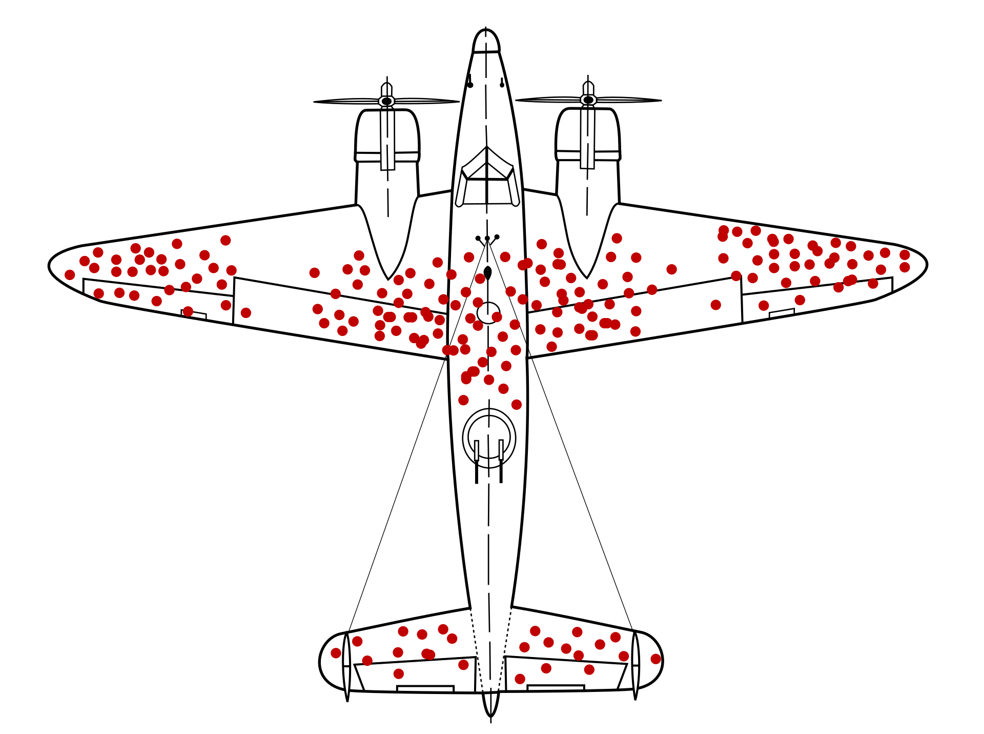 Diagram of a plane with red bullet holes