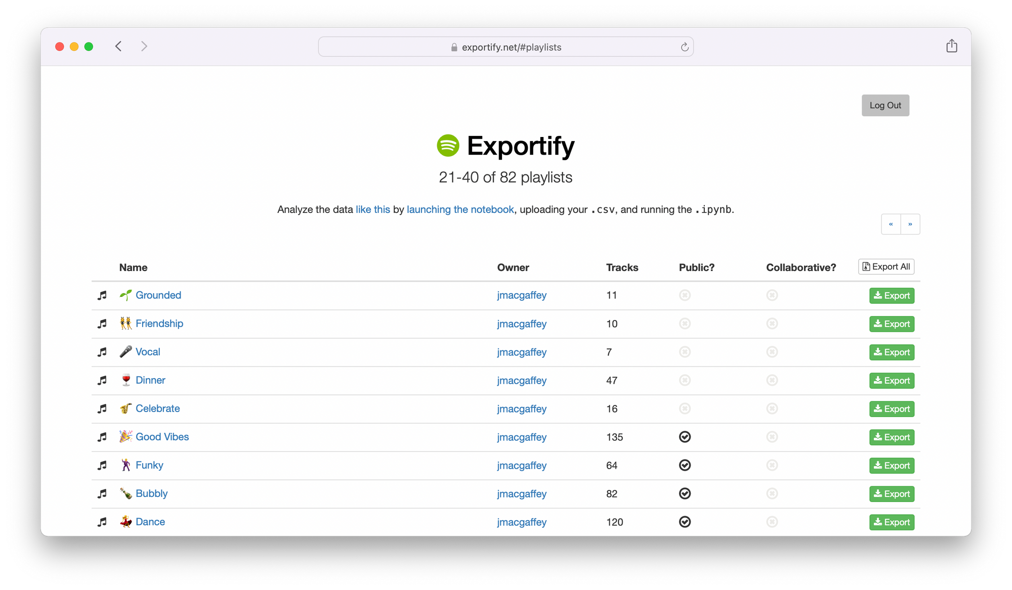 Exportify's interface featuring a list of playlists and export buttons