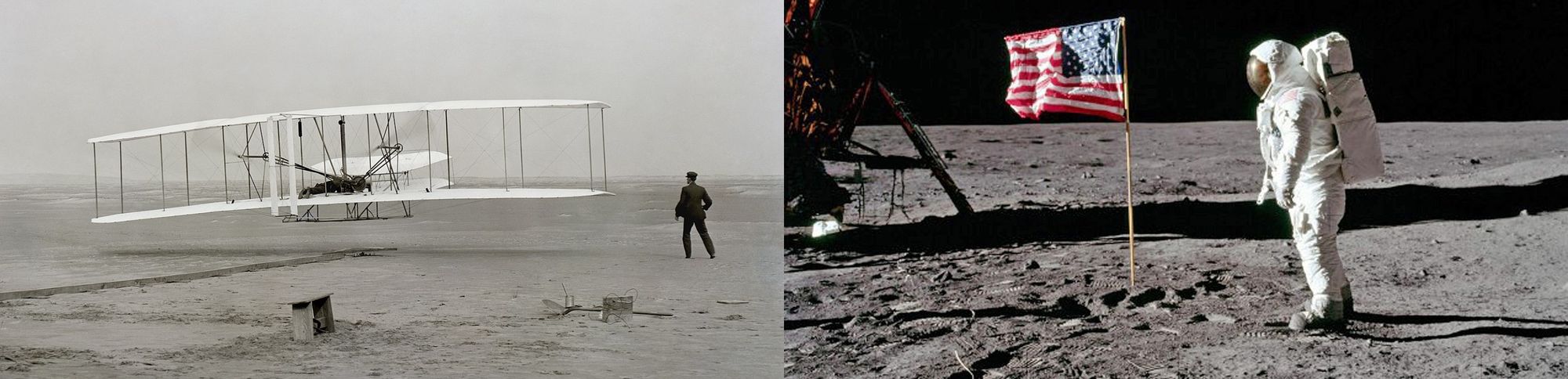 Image of the Wright brothers' first flight next to an astronaut standing by an American flag on the moon